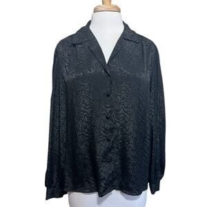 Jonquil By Judy Bond Women's 14 Wet Satin Button Down Jacquard Blouse Top Black